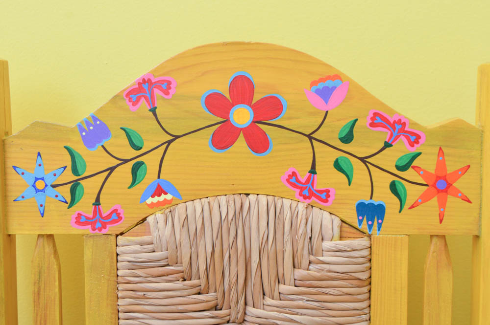 Hand Painted Mexican Pine Bench with Tula Rush Woven Seat