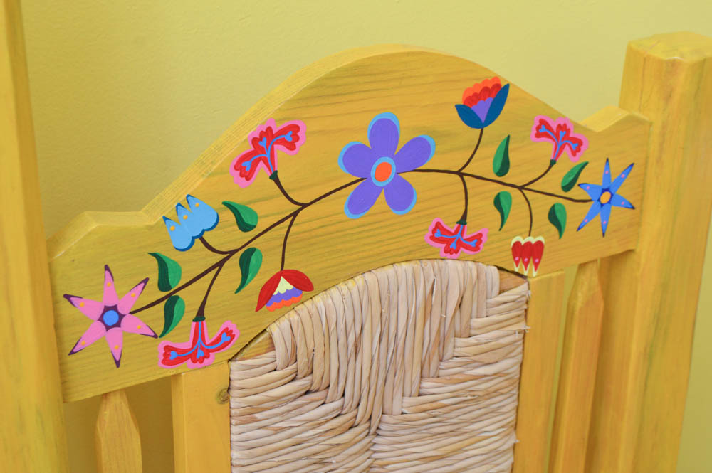 Hand Painted Mexican Pine Bench with Tula Rush Woven Seat