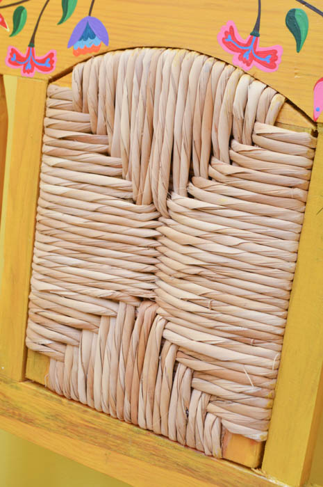 Hand Painted Mexican Pine Bench with Tula Rush Woven Seat