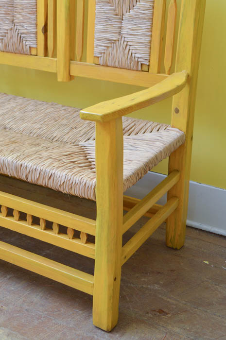 Hand Painted Mexican Pine Bench with Tula Rush Woven Seat