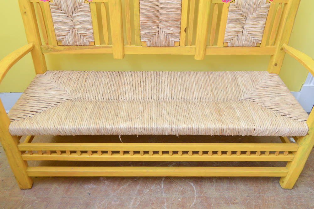 Hand Painted Mexican Pine Bench with Tula Rush Woven Seat