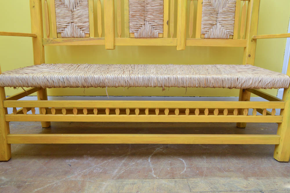 Hand Painted Mexican Pine Bench with Tula Rush Woven Seat