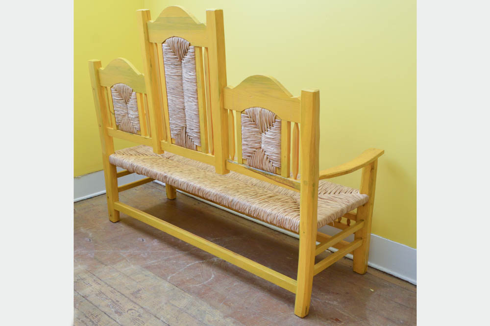 Hand Painted Mexican Pine Bench with Tula Rush Woven Seat