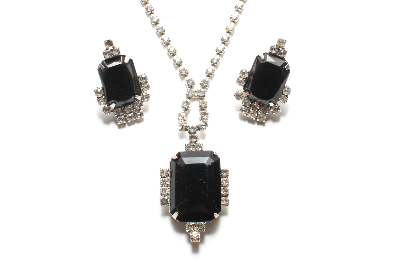Vintage 1940s Art Deco Inspired Rhinestone Necklace And Earring Set