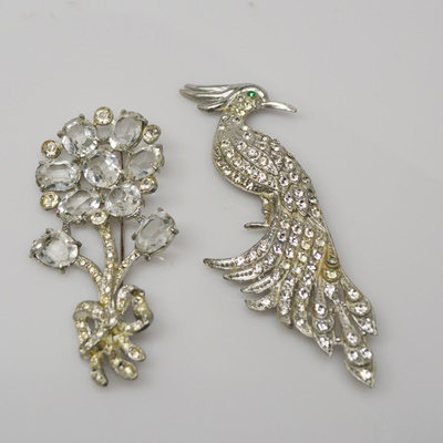 Vintage Rhinestone Peacock Brooch and Rhinestone Floral Brooch
