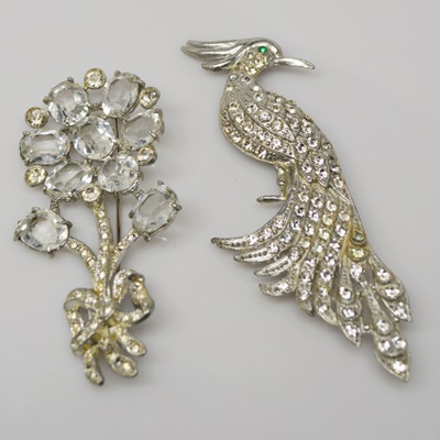 Vintage Rhinestone Peacock Brooch and Rhinestone Floral Brooch