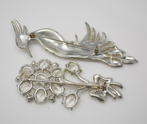 Vintage Rhinestone Peacock Brooch and Rhinestone Floral Brooch