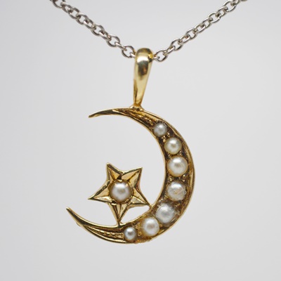 14K Yellow Gold Moon and Star Natural Seed Pearl Pendant and 14K White Gold Necklace
