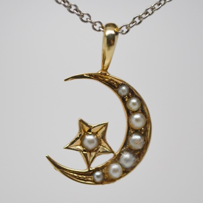 14K Yellow Gold Moon and Star Natural Seed Pearl Pendant and 14K White Gold Necklace