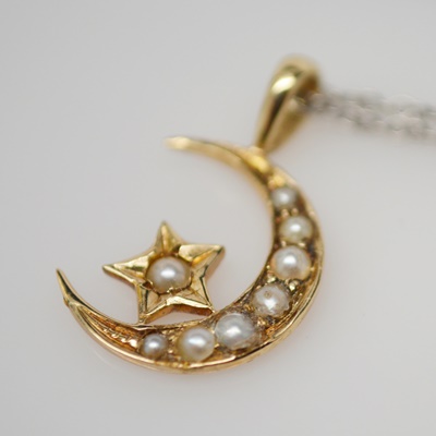 14K Yellow Gold Moon and Star Natural Seed Pearl Pendant and 14K White Gold Necklace