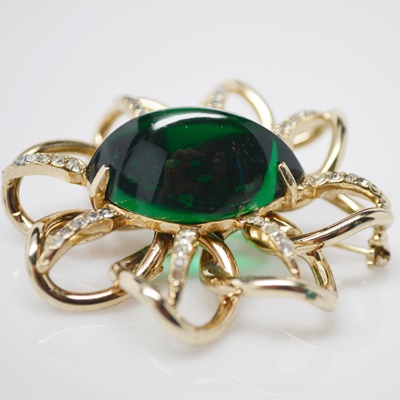 Vintage 1940's Eisenberg Green Glass and Rhinestone Clip-On Earrings and Brooch Set