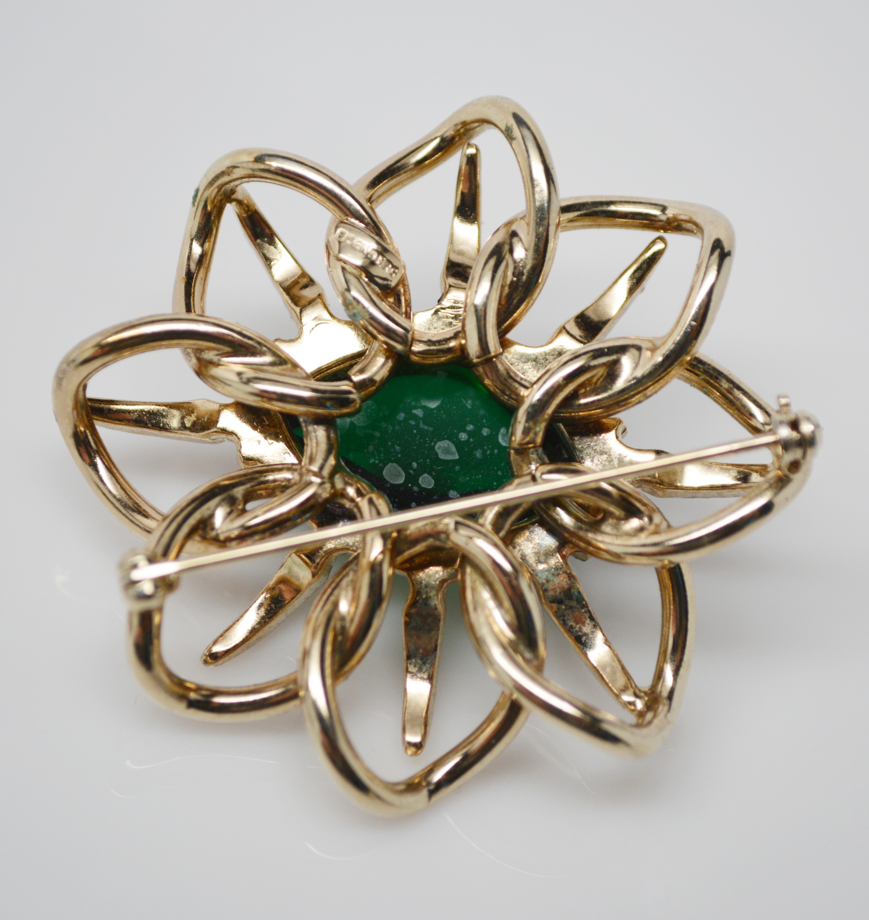 Vintage 1940's Eisenberg Green Glass and Rhinestone Clip-On Earrings and Brooch Set