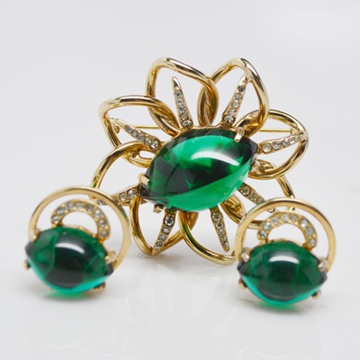 Vintage 1940's Eisenberg Green Glass and Rhinestone Clip-On Earrings and Brooch Set