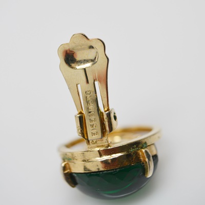 Vintage 1940's Eisenberg Green Glass and Rhinestone Clip-On Earrings and Brooch Set