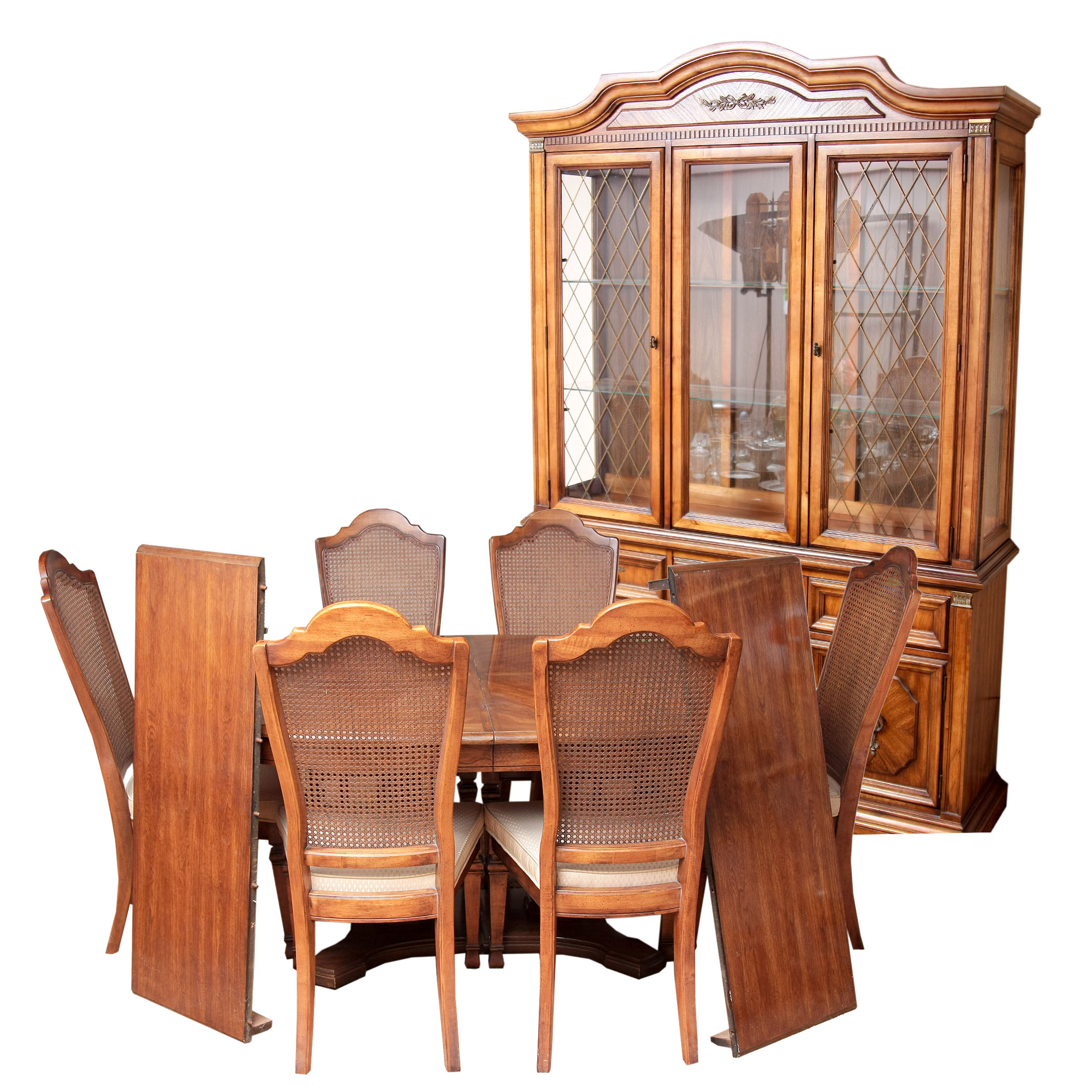 Stanley Furniture China Cabinet With Complementary Dining Table and Cane Back Chairs