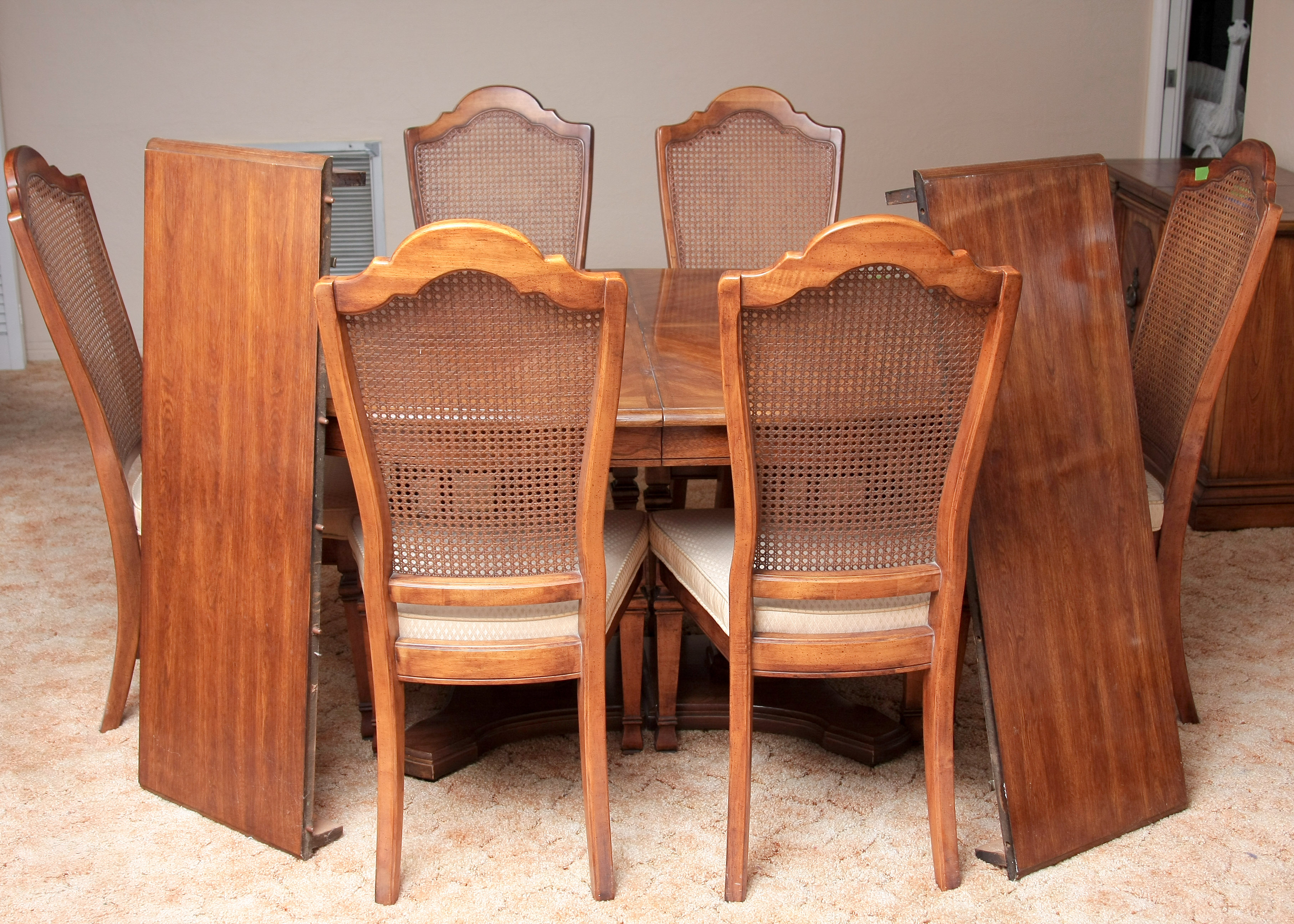 Stanley Furniture China Cabinet With Complementary Dining Table and Cane Back Chairs