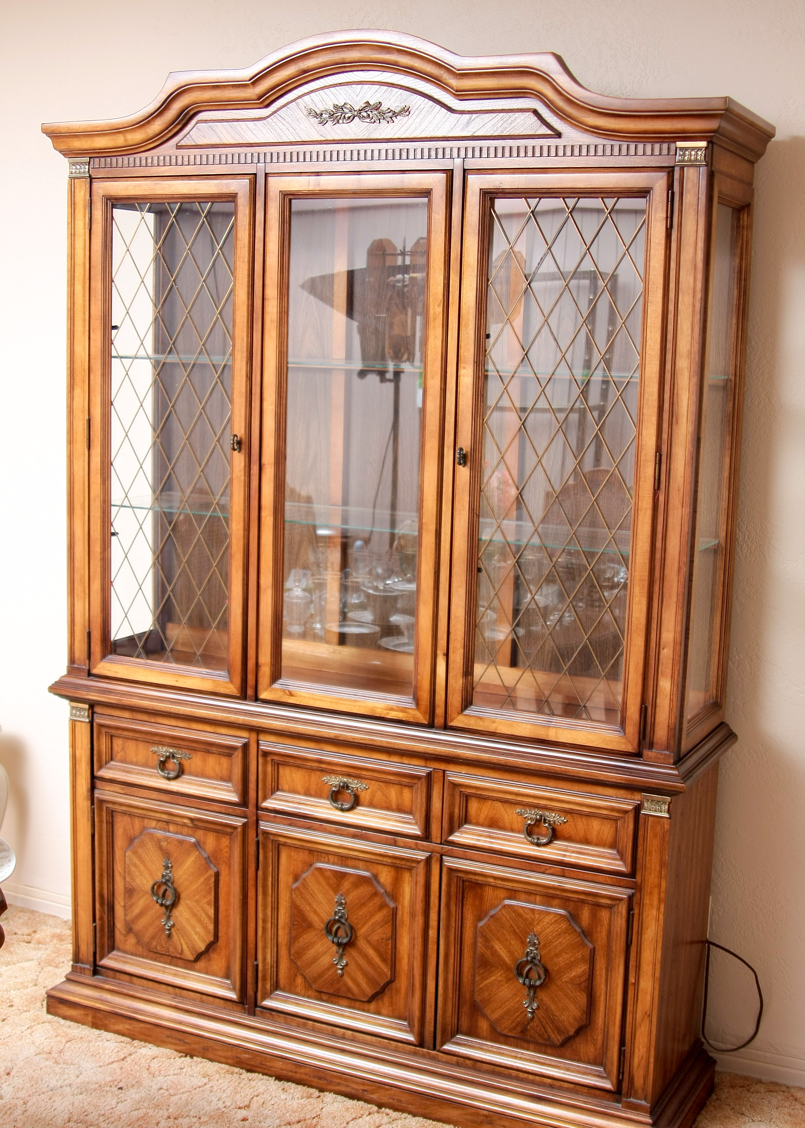 Stanley Furniture China Cabinet With Complementary Dining Table and Cane Back Chairs