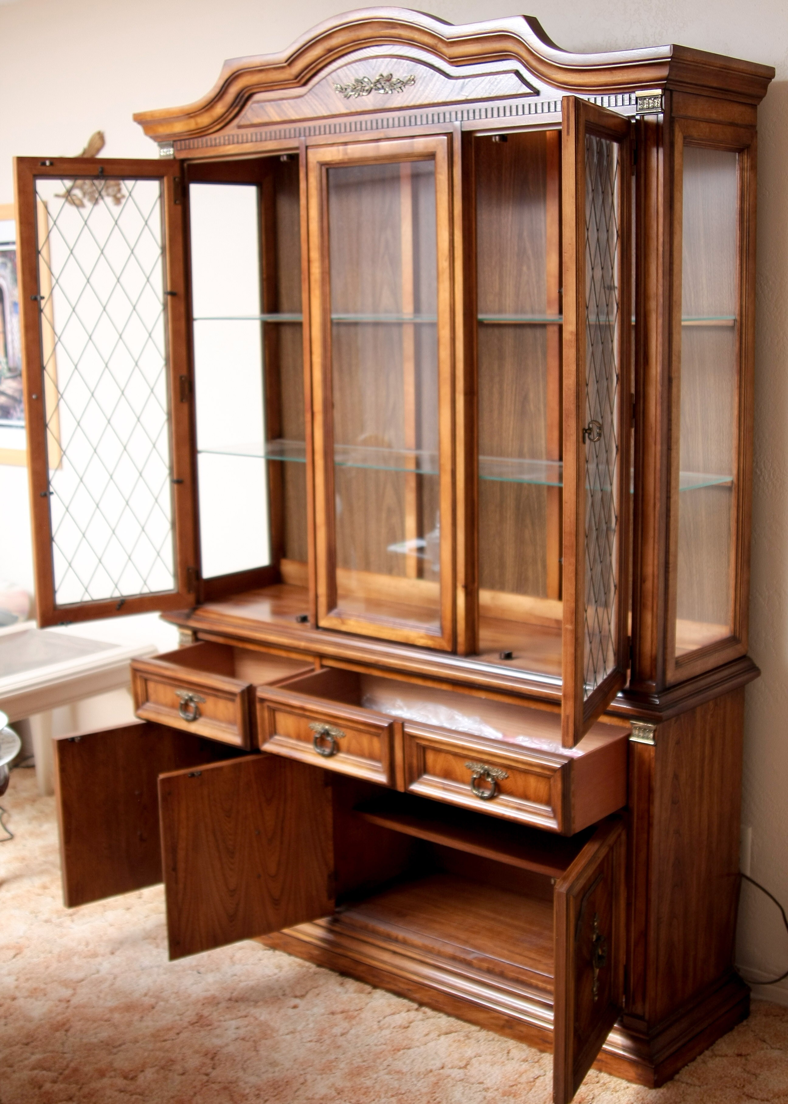 Stanley Furniture China Cabinet With Complementary Dining Table and Cane Back Chairs