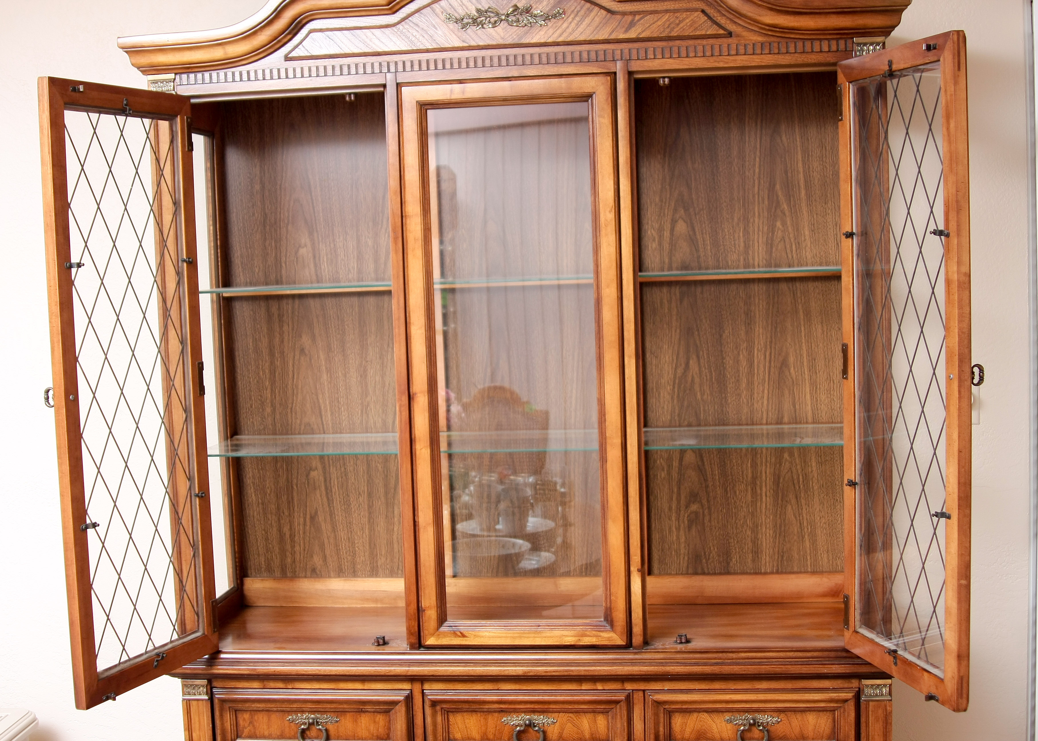 Stanley Furniture China Cabinet With Complementary Dining Table and Cane Back Chairs