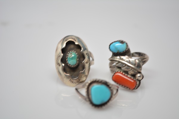 Three Native American Style Sterling Silver Turquoise Rings