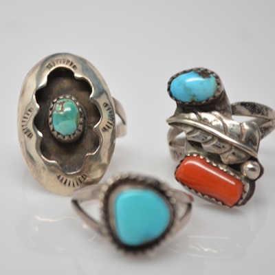 Three Native American Style Sterling Silver Turquoise Rings