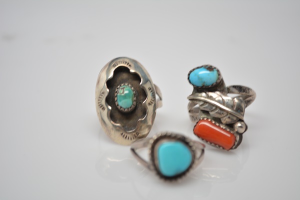 Three Native American Style Sterling Silver Turquoise Rings