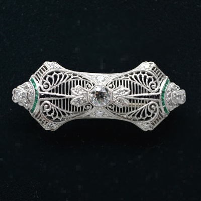 Antique Edwardian Platinum Diamond Brooch With Onyx and Emerald Accents