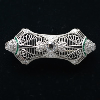 Antique Edwardian Platinum Diamond Brooch With Onyx and Emerald Accents
