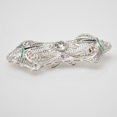 Antique Edwardian Platinum Diamond Brooch With Onyx and Emerald Accents