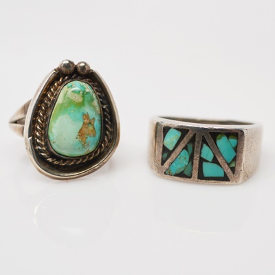 Two Native American Style Sterling Silver and Turquoise Rings