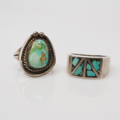 Two Native American Style Sterling Silver and Turquoise Rings