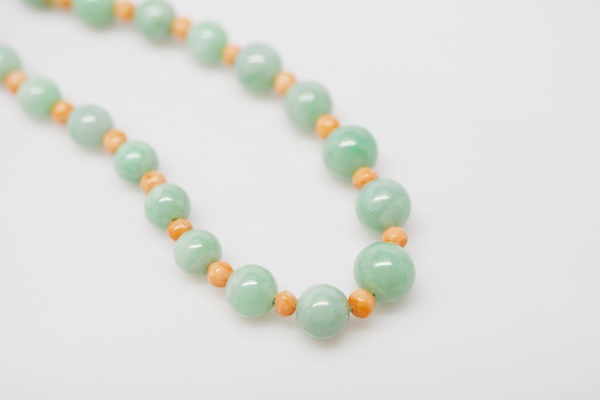 Jadeite and Coral Bead Necklace With a 14K Yellow Gold Clasp