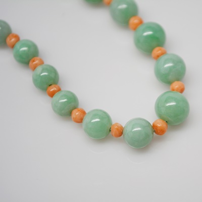 Jadeite and Coral Bead Necklace With a 14K Yellow Gold Clasp