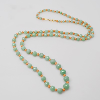 Jadeite and Coral Bead Necklace With a 14K Yellow Gold Clasp