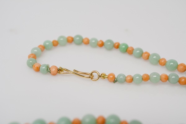 Jadeite and Coral Bead Necklace With a 14K Yellow Gold Clasp