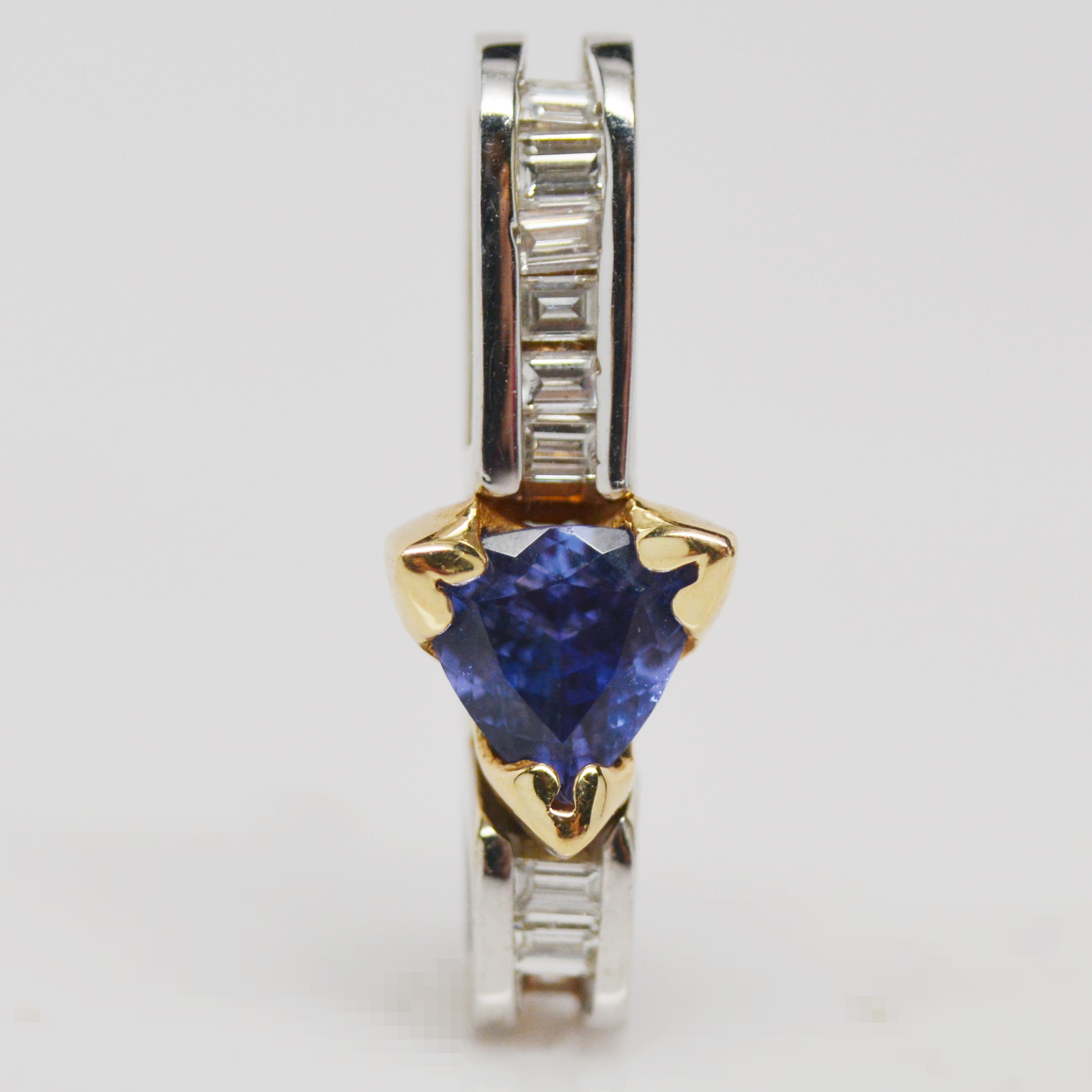 14K Yellow and White Gold Trillion Tanzanite and Diamond Pendant