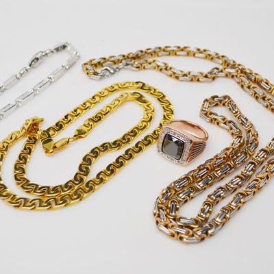 Two Men's Stainless Steel Necklaces, Bracelet and Ring