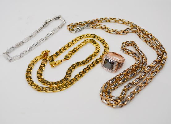 Two Men's Stainless Steel Necklaces, Bracelet and Ring