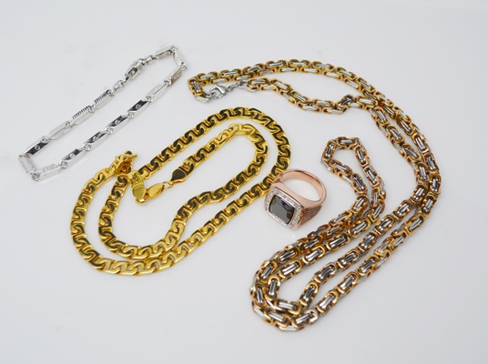 Two Men's Stainless Steel Necklaces, Bracelet and Ring