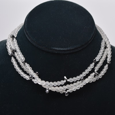 14K White Gold Quartz Beads and Black Diamond Station Necklace