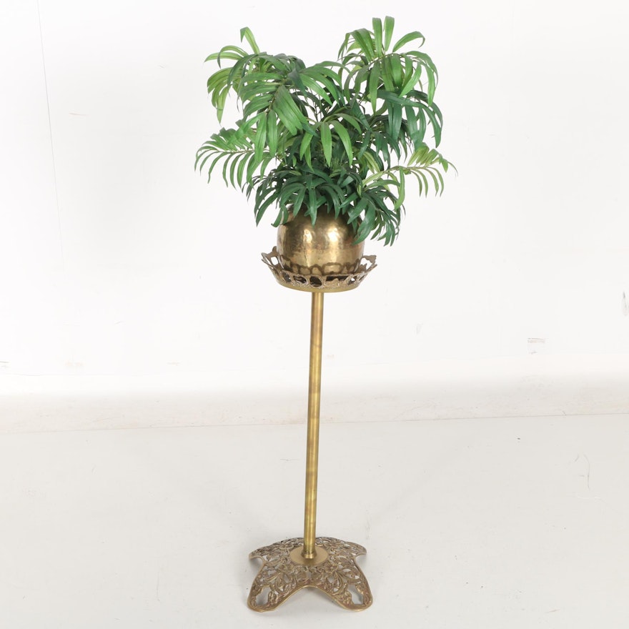 Brass Stand and Planter With Faux Houseplant