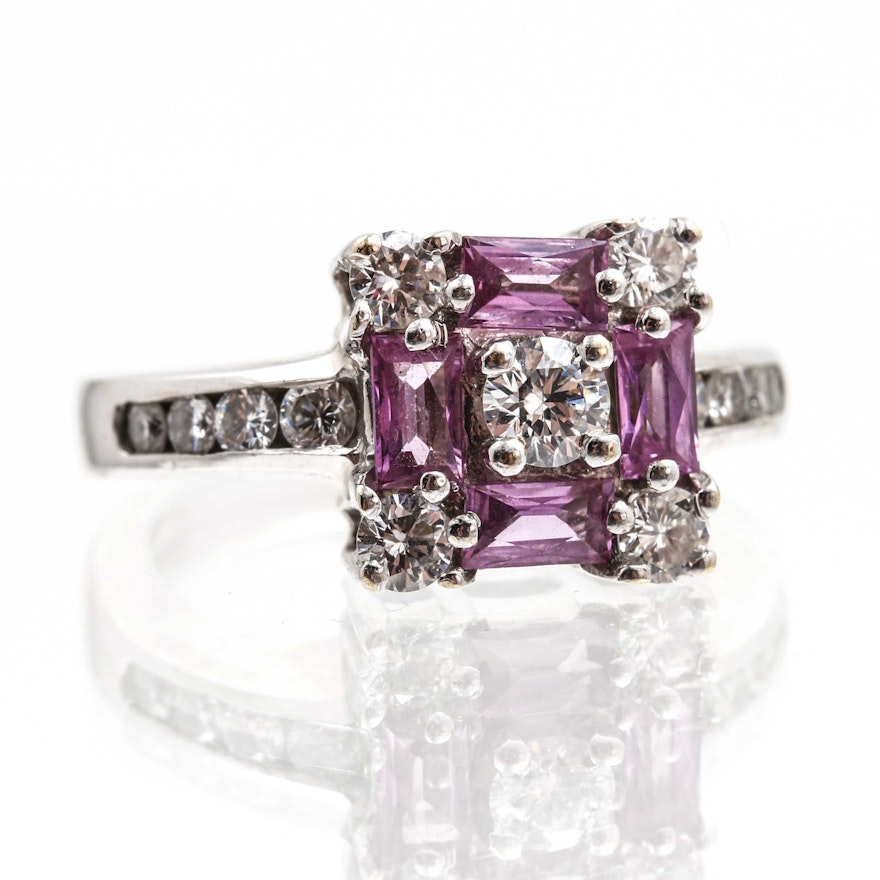 18K White Gold Diamond and Pink Sapphire Ring