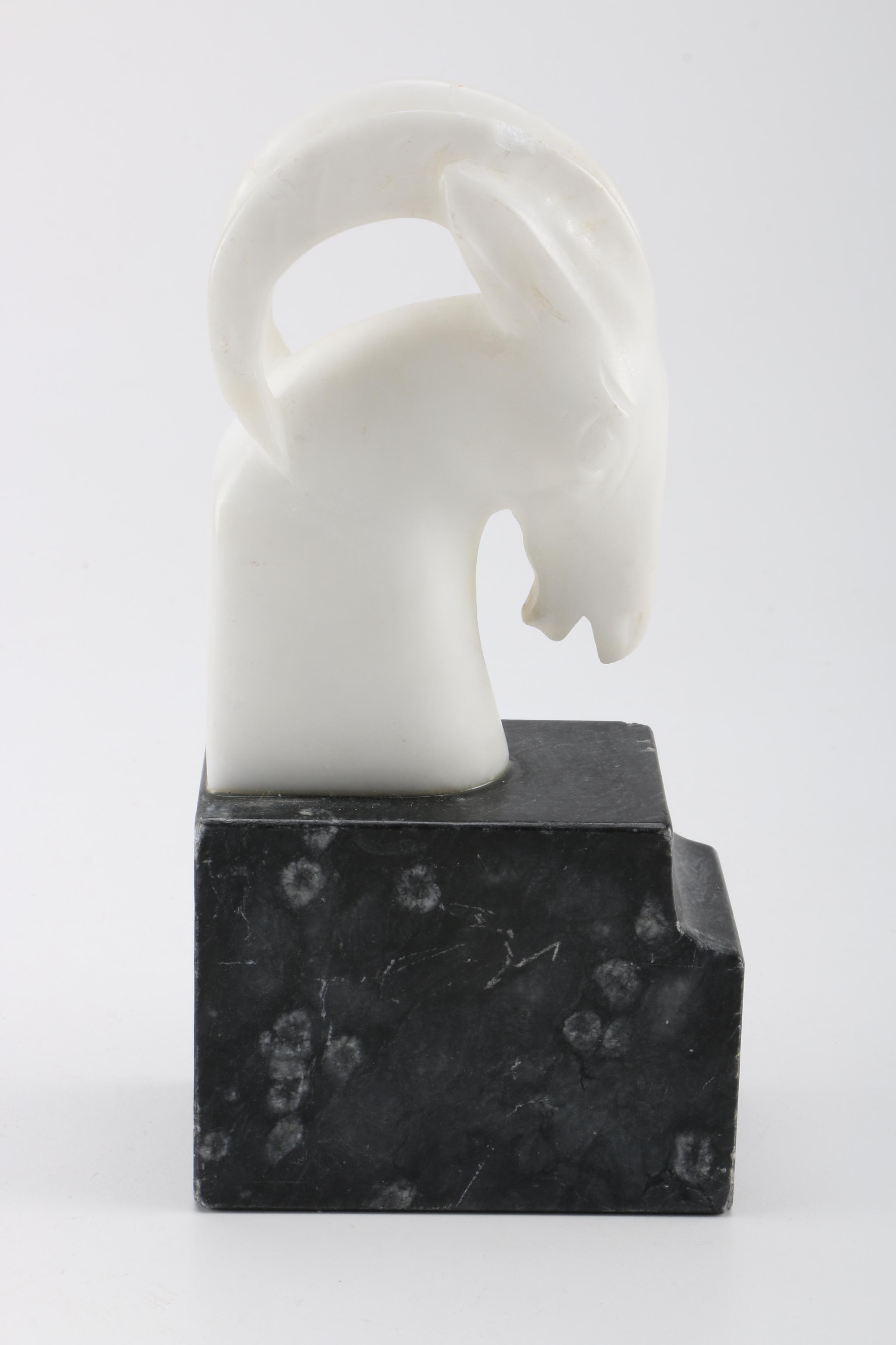 Vintage Art Deco Style Marble Ram's Head Sculpture