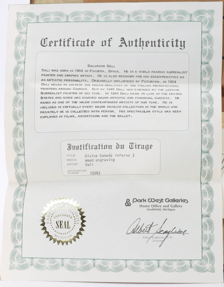 Salvador Dalí Wood Engraving "Hell Canto 3"