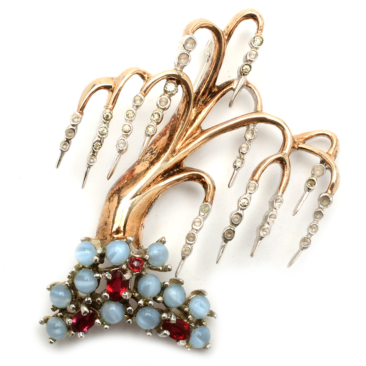 Vermeil Reja Weeping Willow Brooch with Moonstones and Crystals