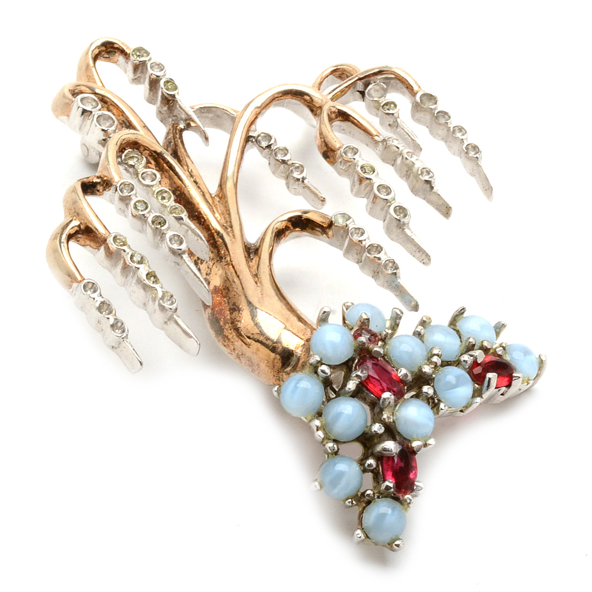 Vermeil Reja Weeping Willow Brooch with Moonstones and Crystals