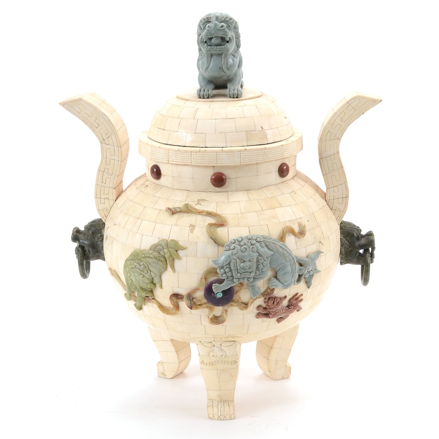 Large Chinese Tessellated Bone Urn on Legs