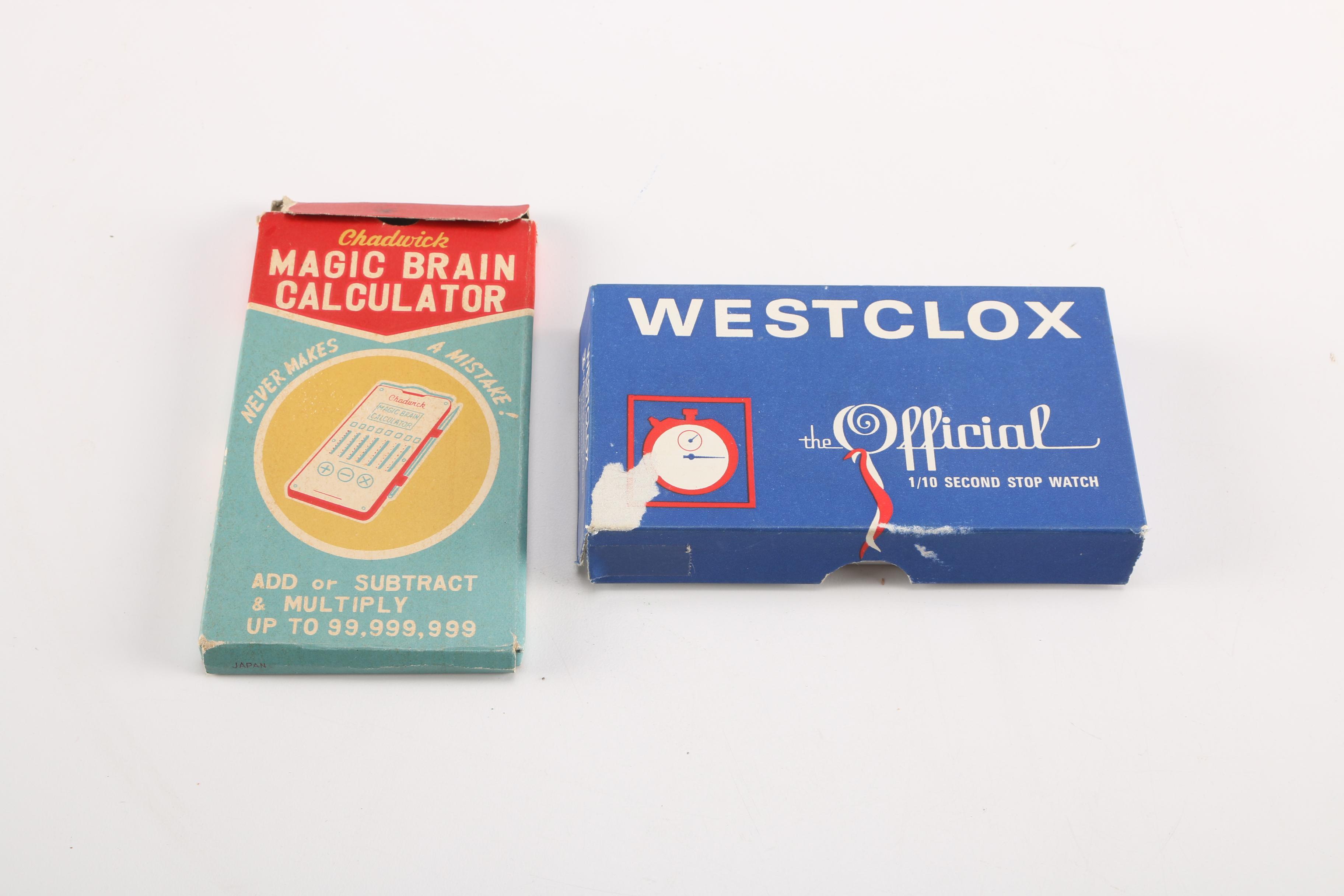 Westclox Checkered Flag Stopwatch and Chadwick Mechanical Calculator