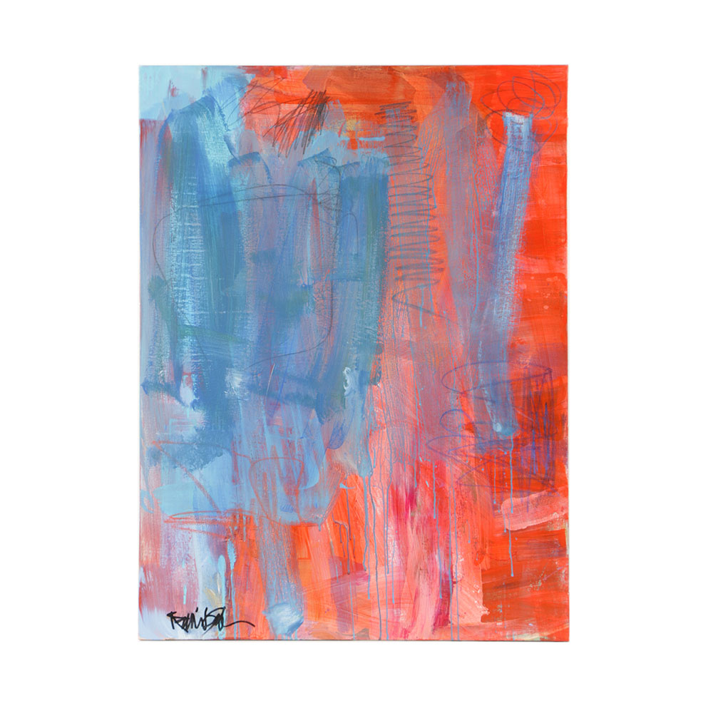 Robbie Kemper Acrylic Painting on Canvas "Blue Over Red Orange with Scribbles"