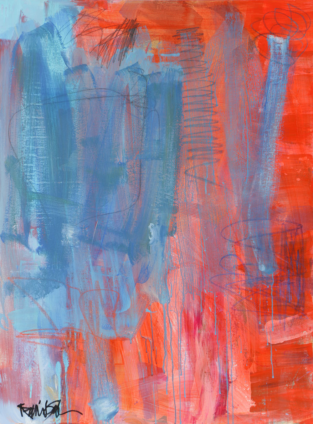 Robbie Kemper Acrylic Painting on Canvas "Blue Over Red Orange with Scribbles"